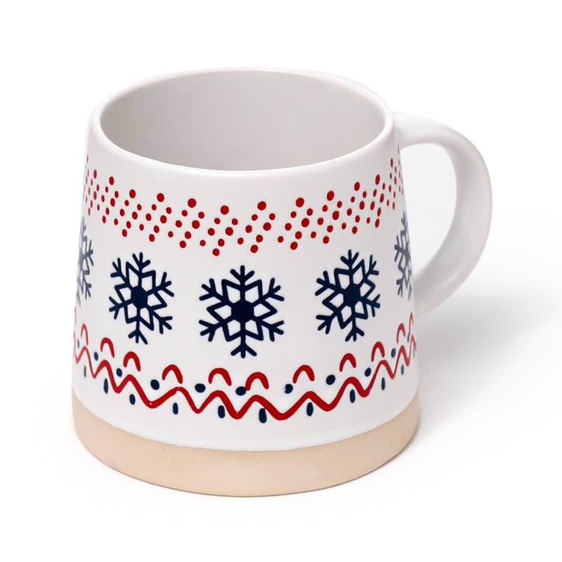 Snowflake Stoneware Mug with Christmas pattern around base and handle, displayed on a white background.