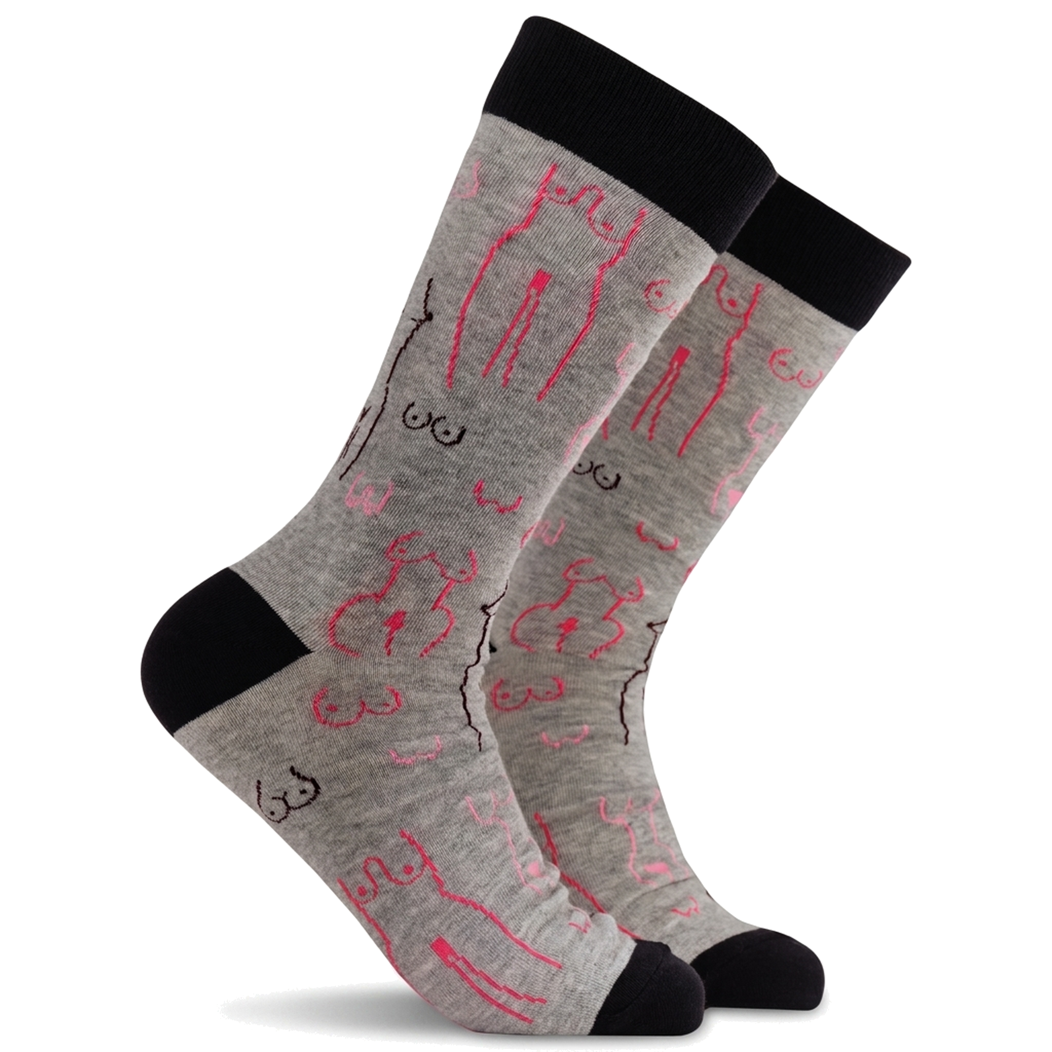 Grey boob print socks on a pure white background