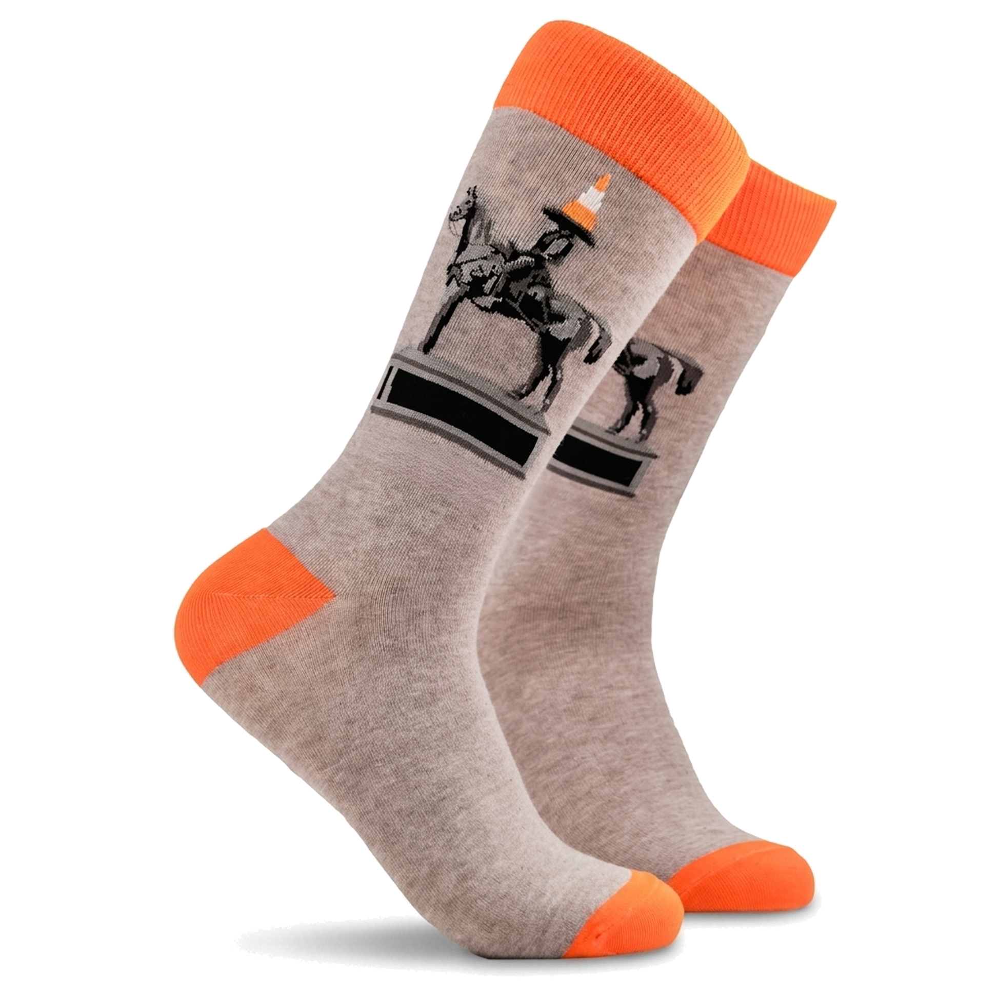 Cone Head socks in grey and orange on a pure white background