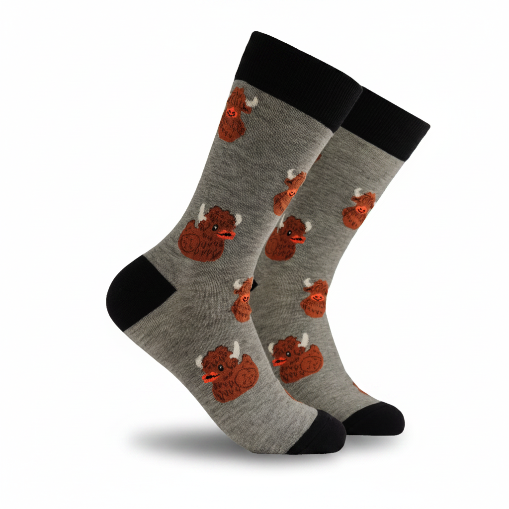 Grey socks printed with Highland coos and rubber ducks on a white background