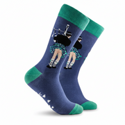 Blue kilted piper socks with green cuff and toe on a white background