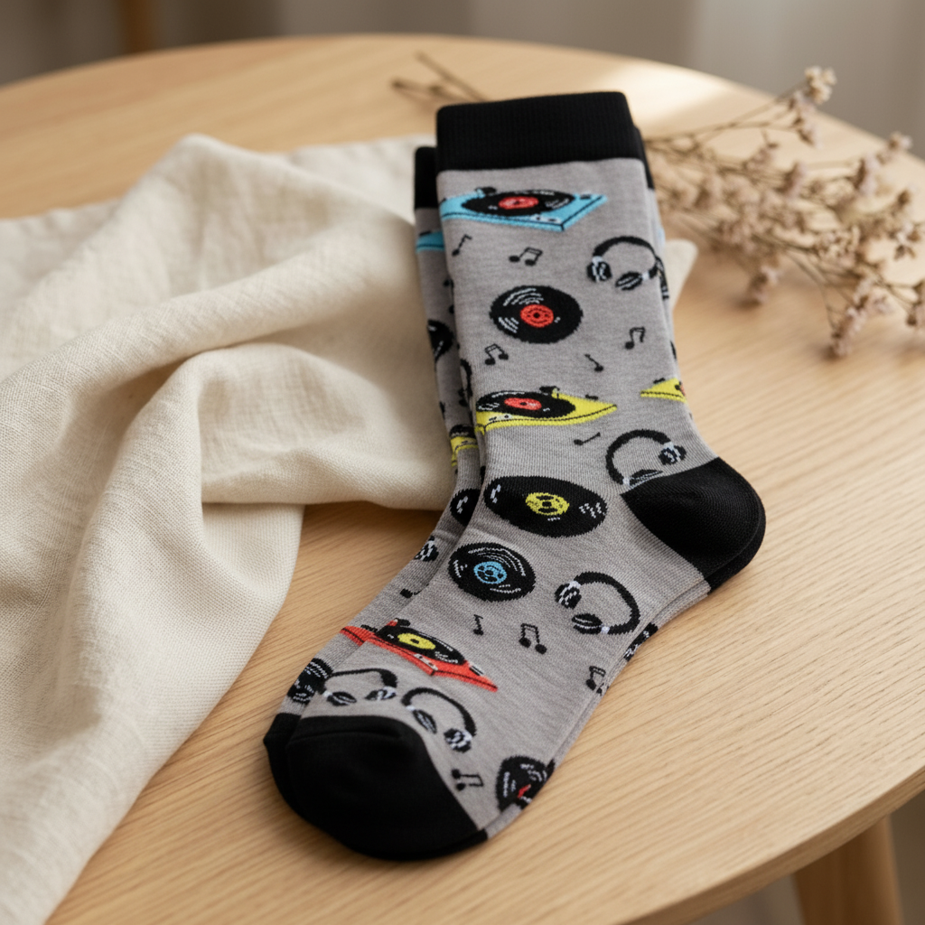 Grey vinyl record socks styled on warm light wood with cream linen and dried flowers