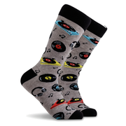 Grey vinyl record socks on a pure white background