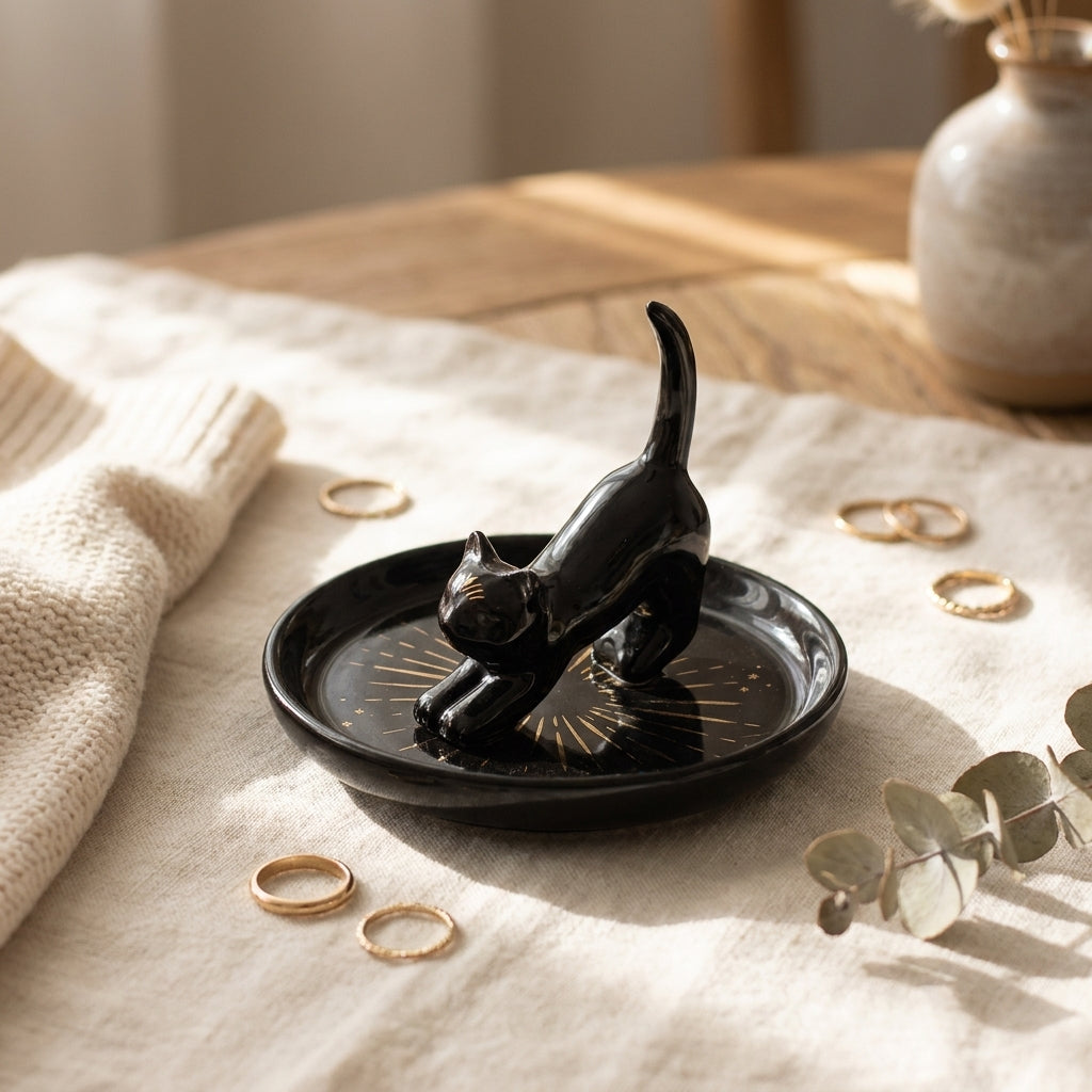 Black cat trinket dish holding rings on linen