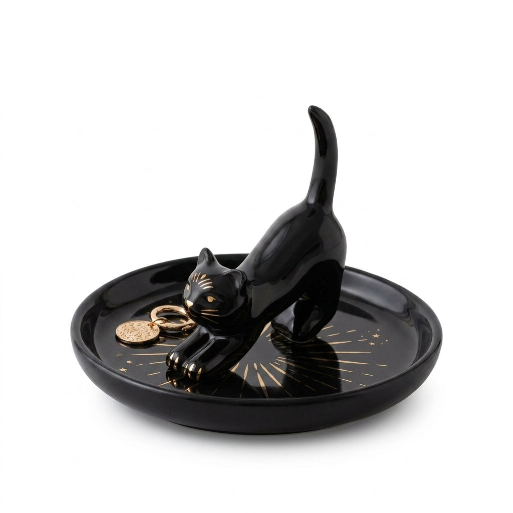 Black cat magick ceramic trinket dish on a white background