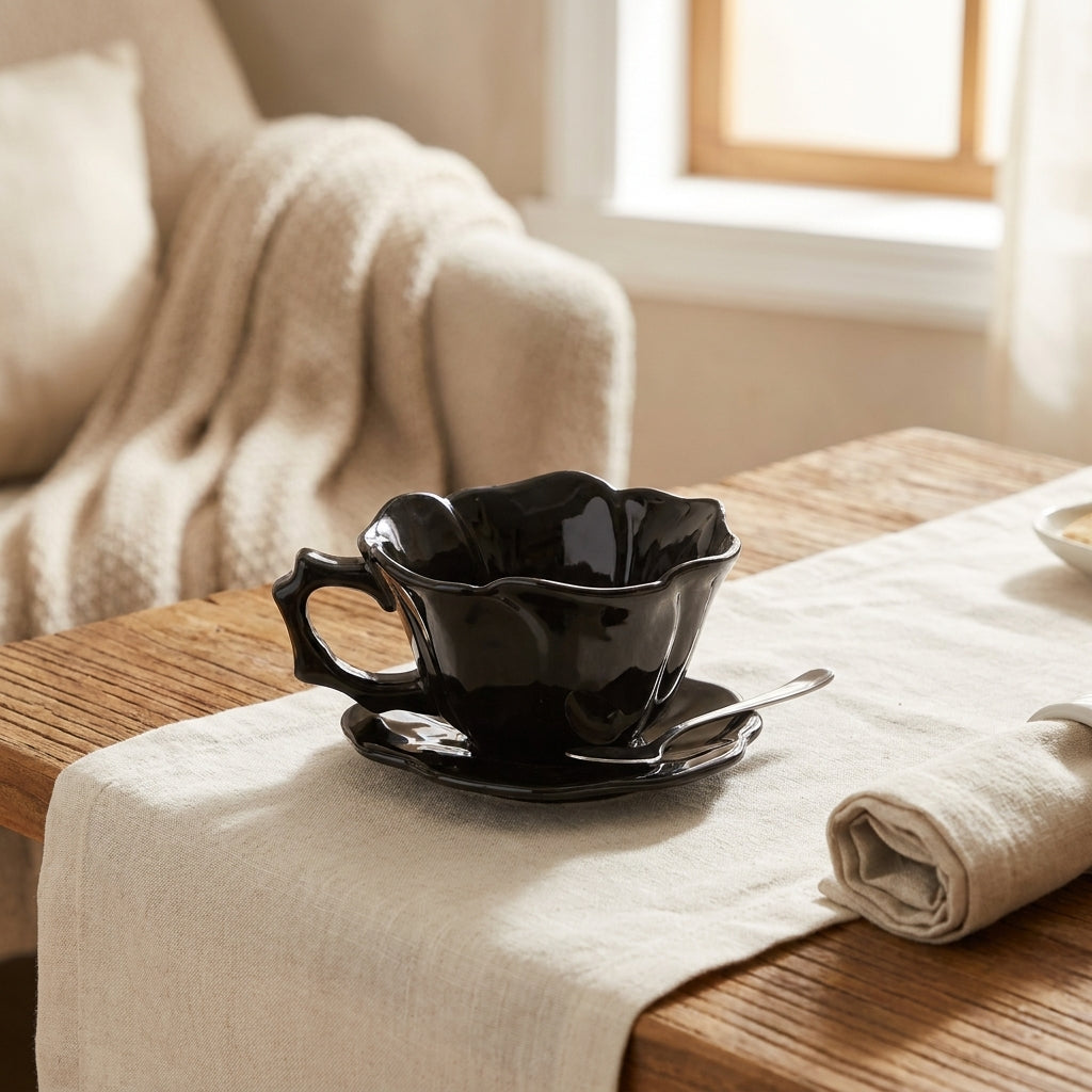 Black rose teacup and saucer on a styled wooden table