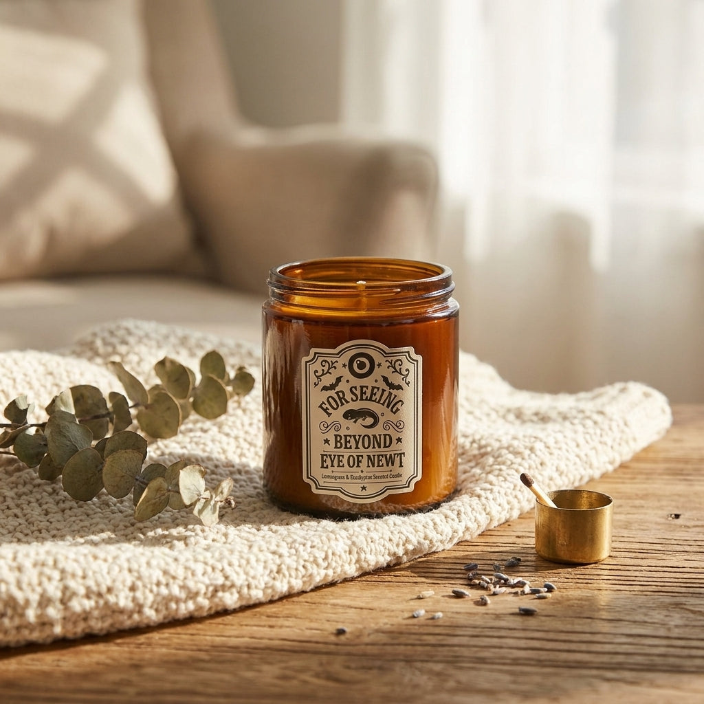 Eye of Newt candle lit in a warm cosy setting