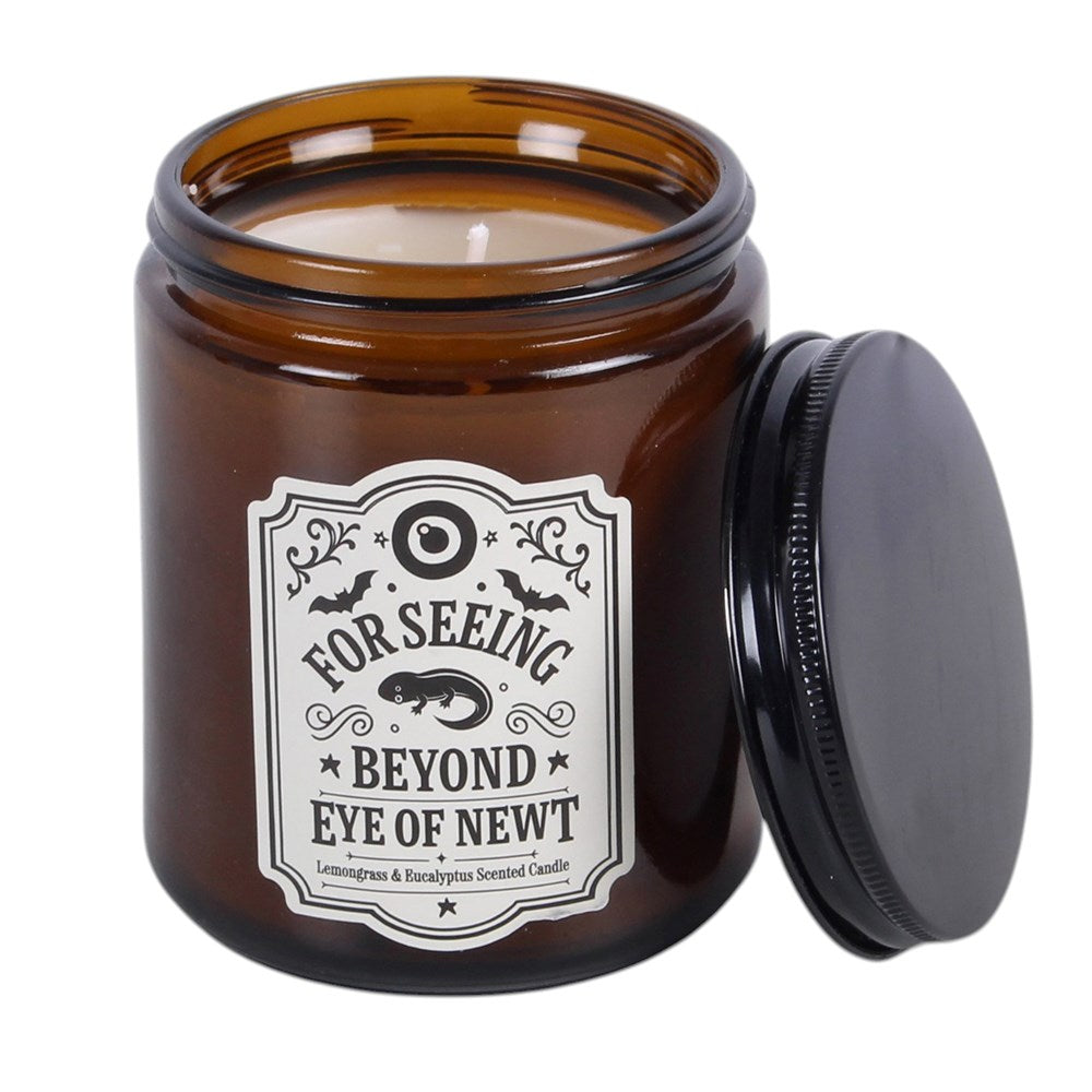 Eye of Newt candle with lid off showing wax and wick
