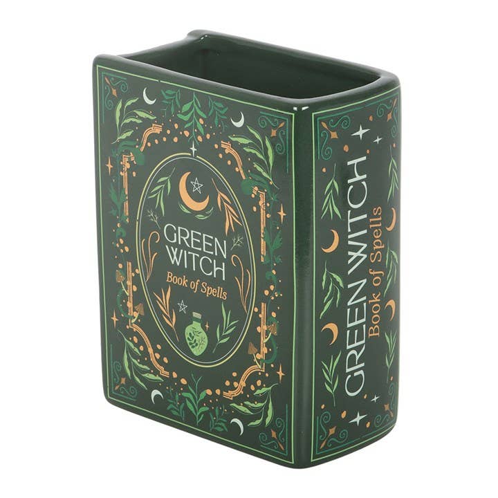 Green Witch book vase back cover and spine on white background