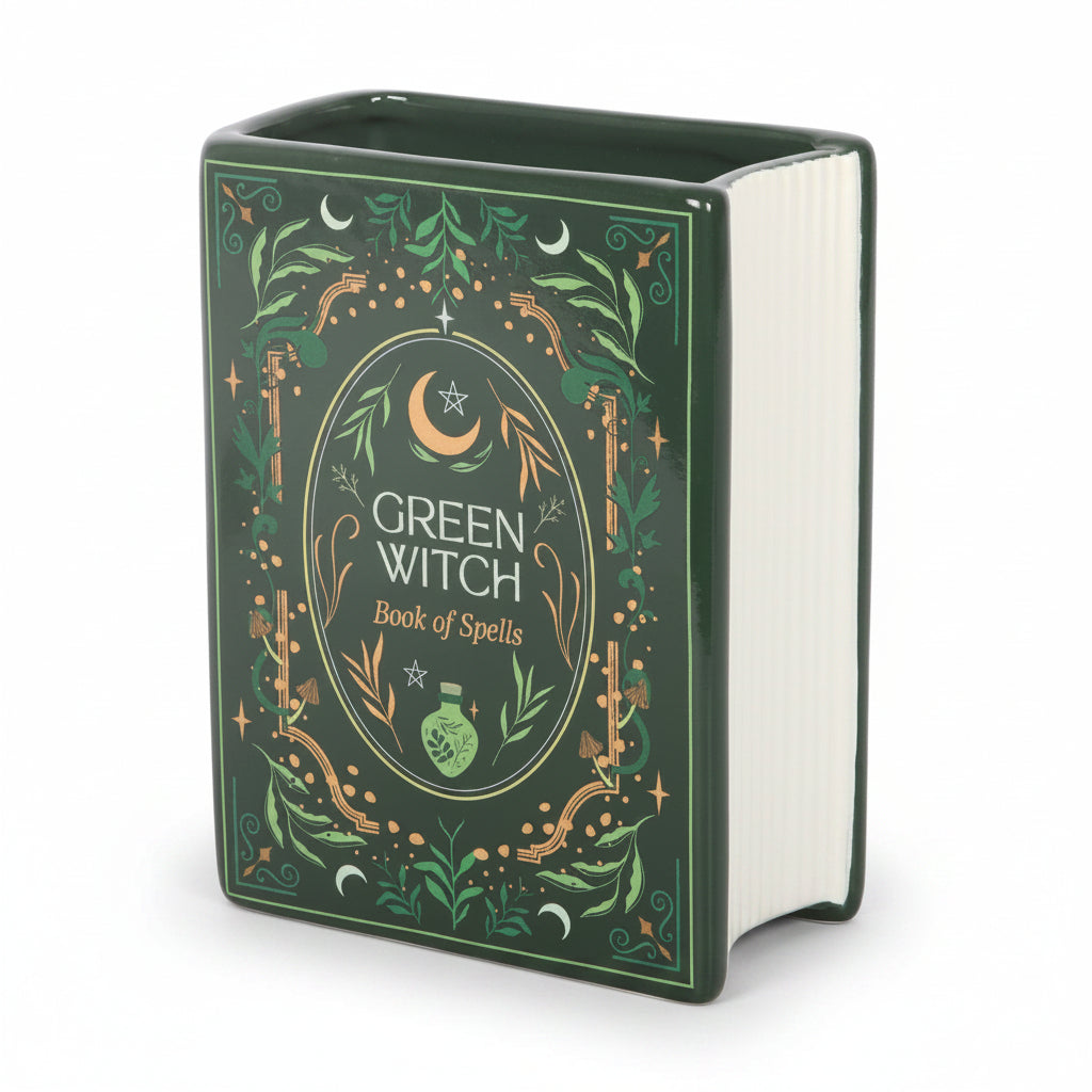 Green Witch Book of Spells ceramic vase front view on white background