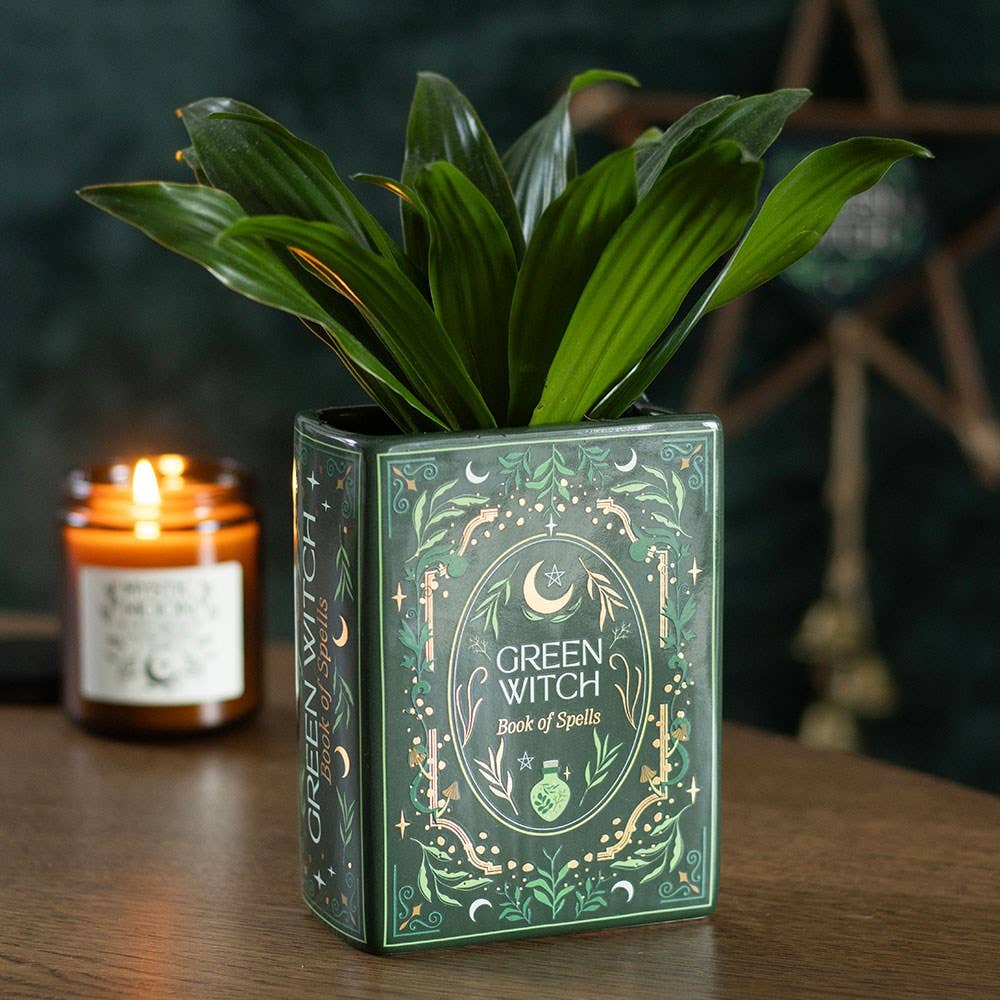 Green Witch book vase with plant on wooden surface in moody setting