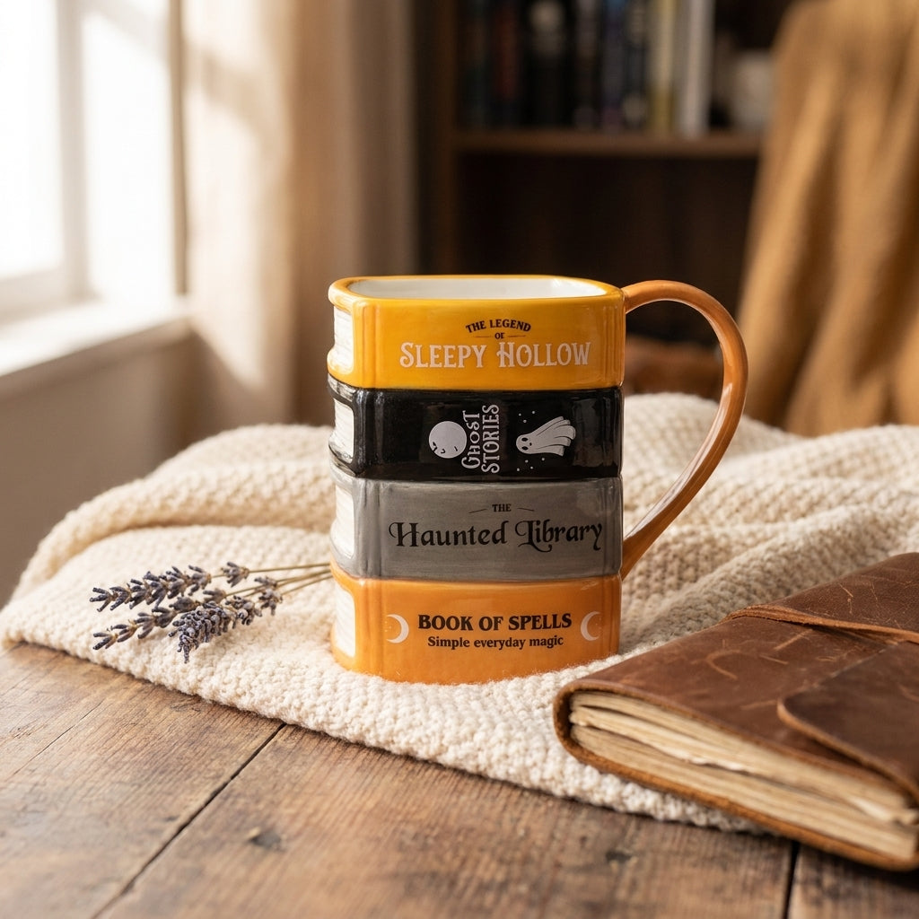 Haunted Library mug on a cosy reading table