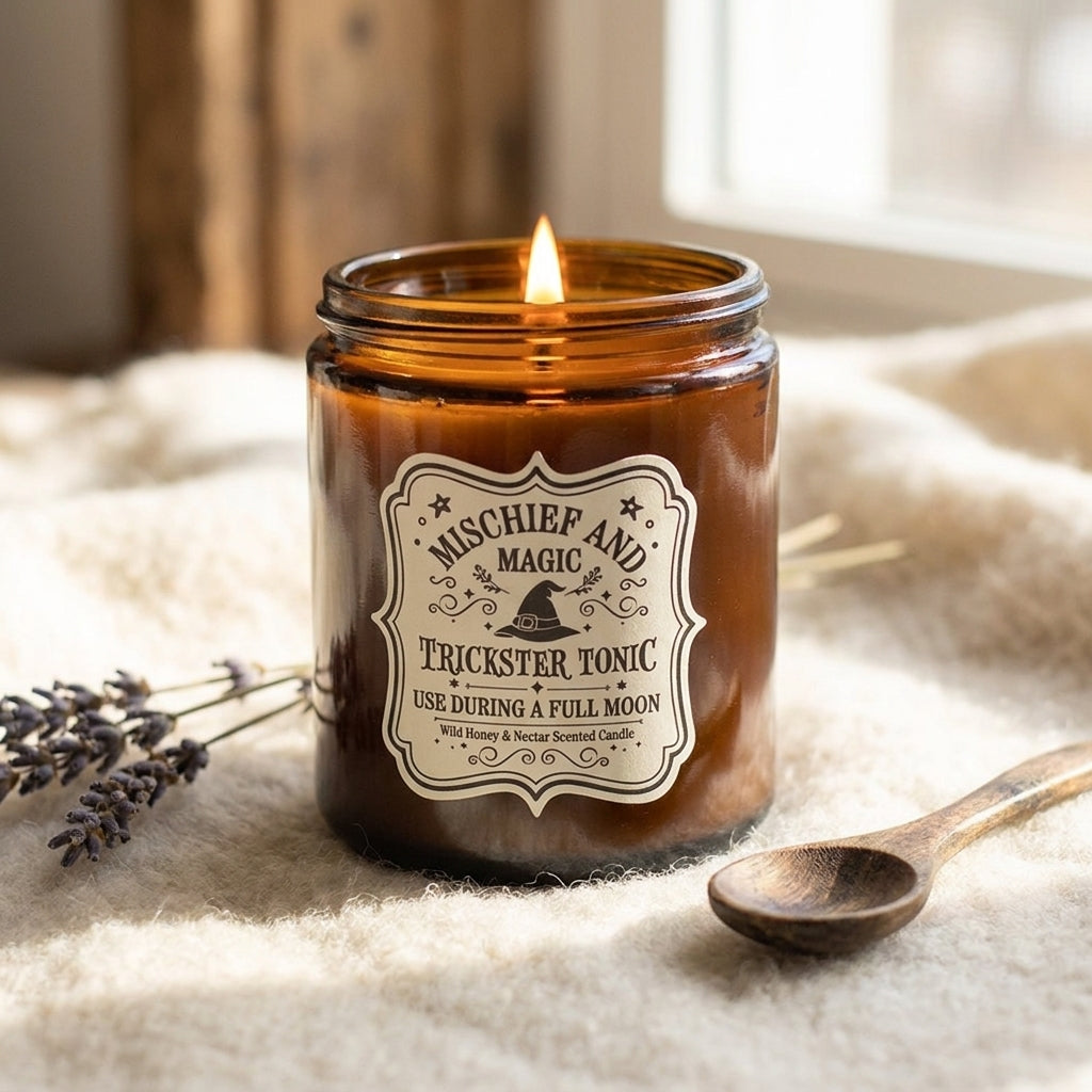 Mischief and Magic candle lit on soft fabric