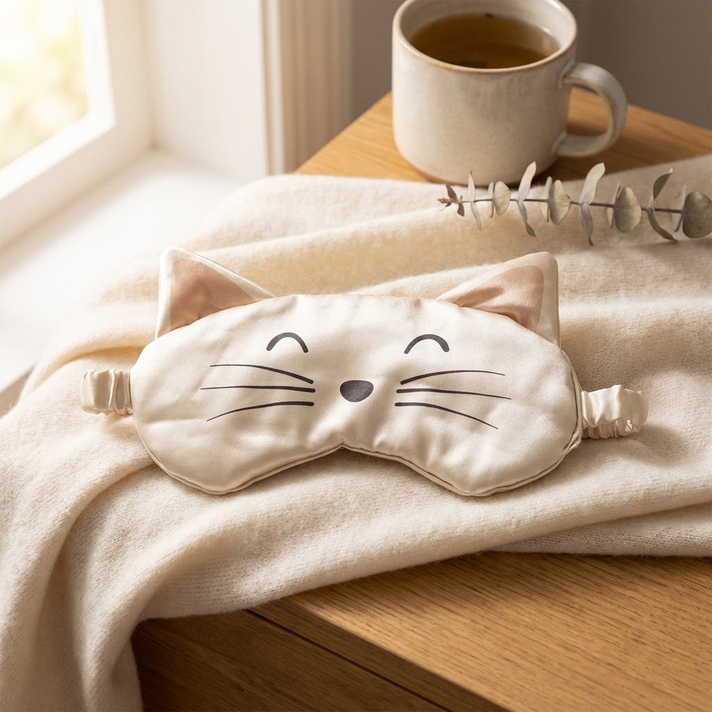 Cat face satin eye mask on a cosy cream throw