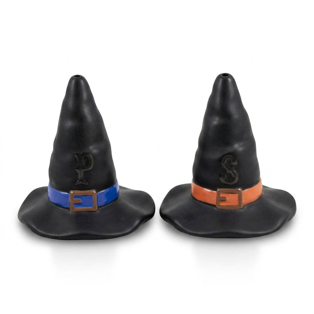 Witch hat salt and pepper shakers on a white background
