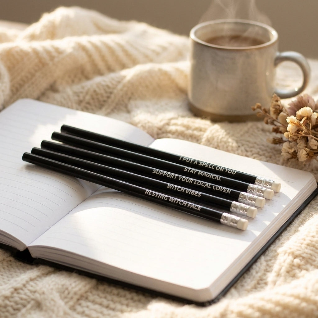 Witchy pencils resting on an open notebook with a mug
