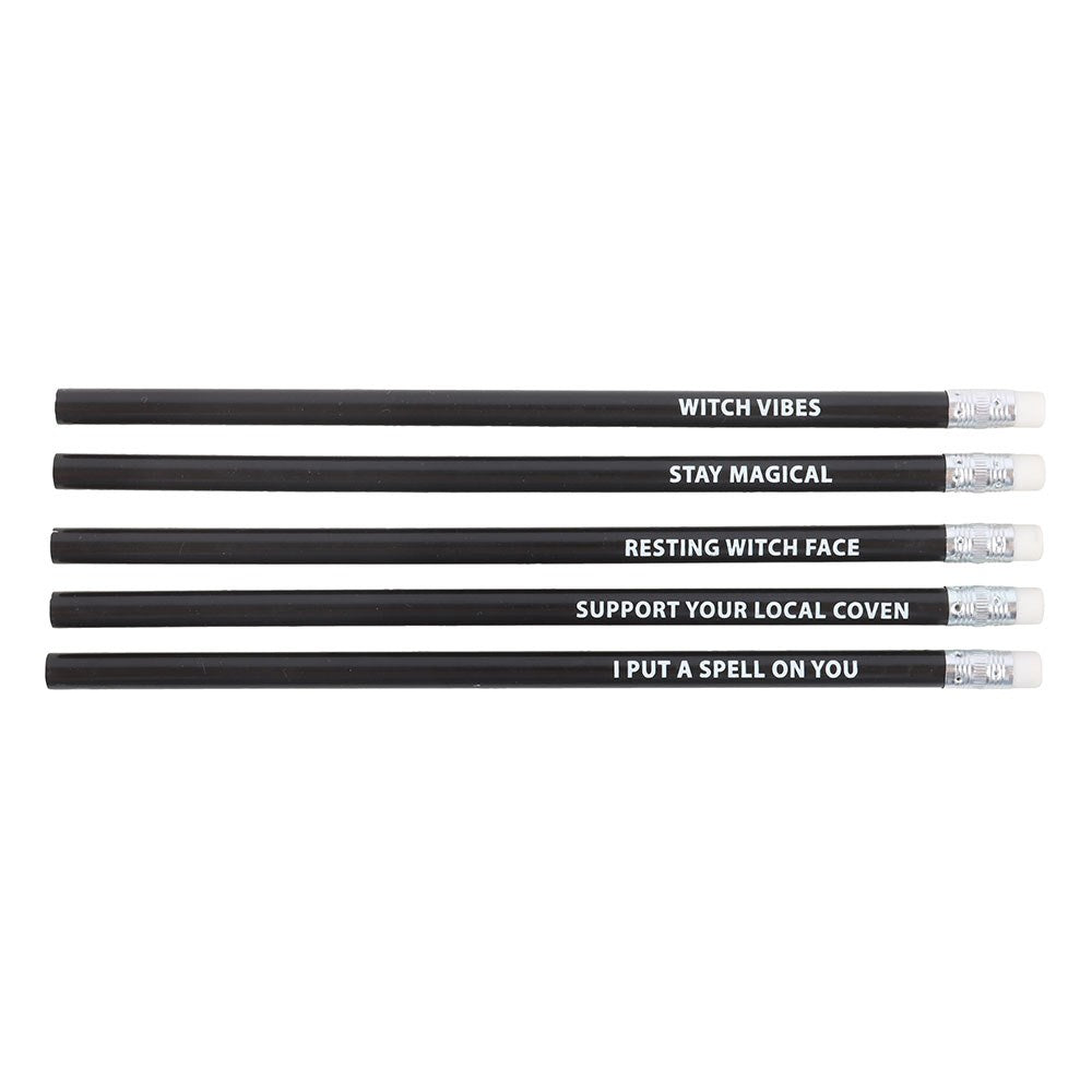 Set of five black witchy pencils lined up