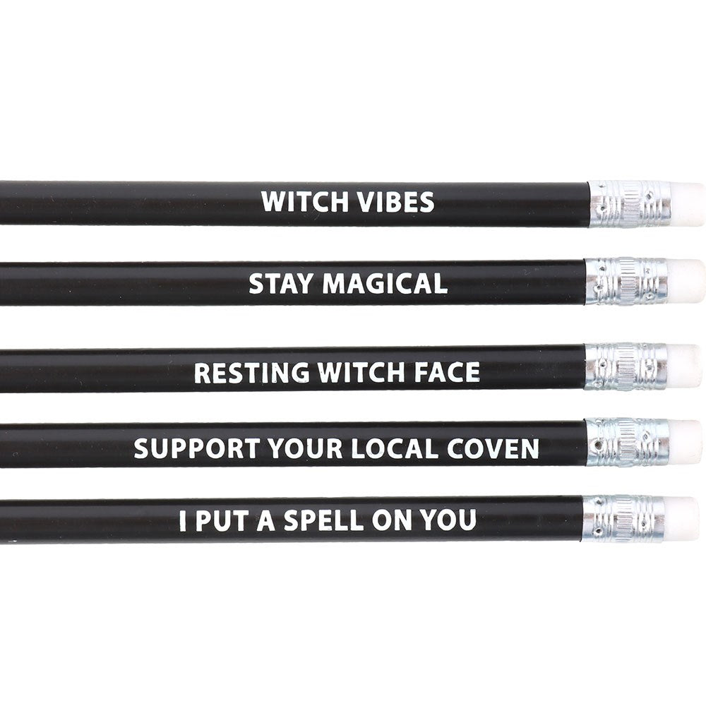 Witchy pencils showing all five slogans