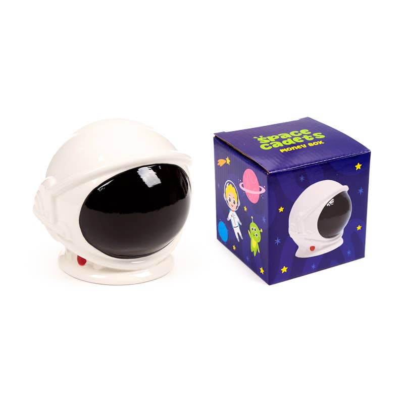 Space Cadet Astronaut Helmet Ceramic Money Box beside its illustrated blue gift box with planets and aliens design.