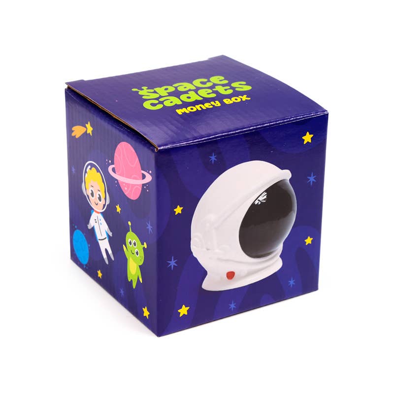 Space Cadet Money Box packaging box featuring astronaut and alien illustrations on a dark blue background.