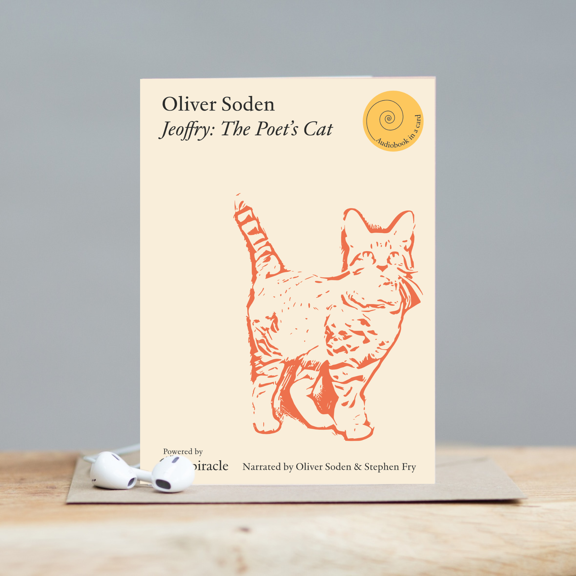 Jeoffry: The Poet's Cat audiobook card styled with its kraft envelope