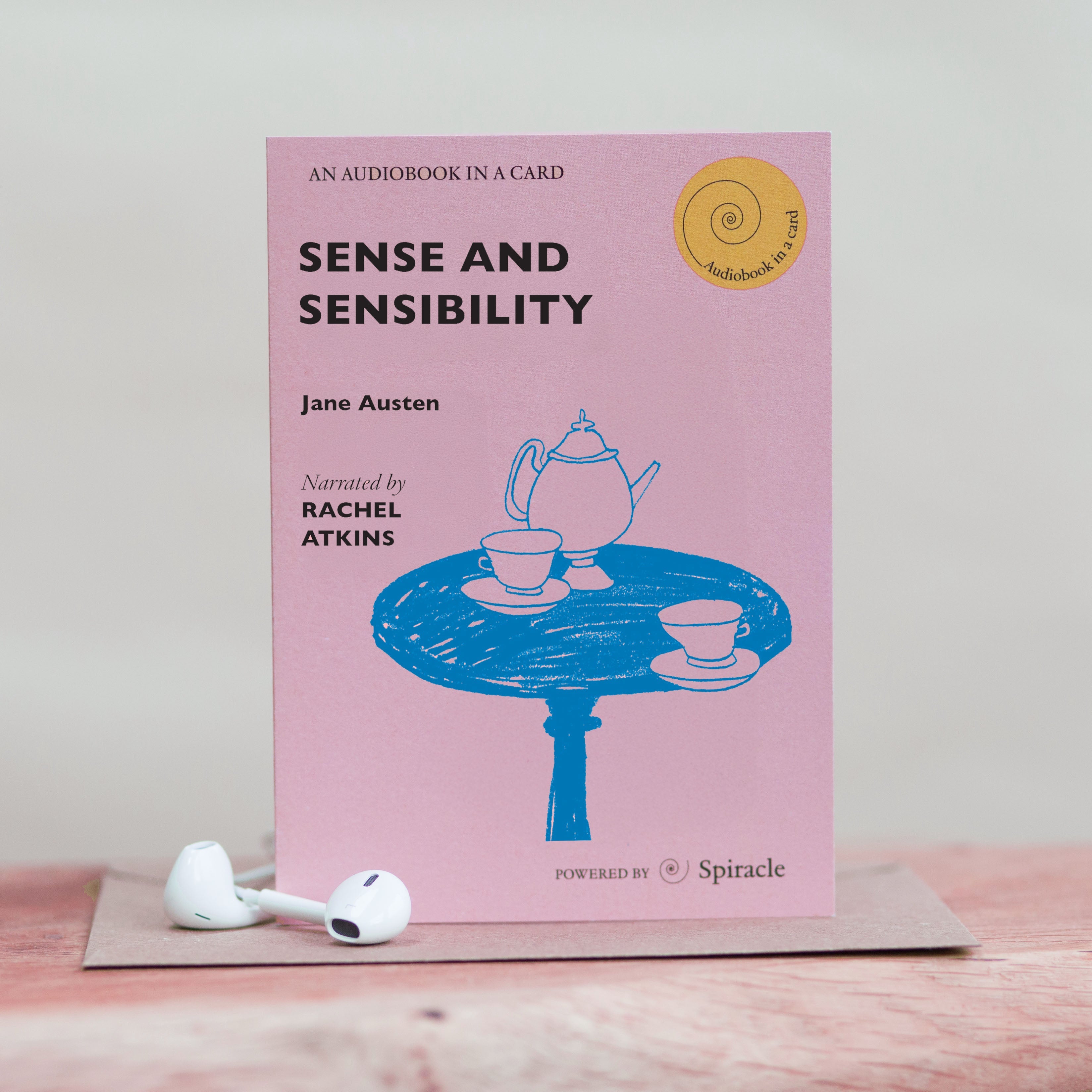 Sense and Sensibility audiobook card photographed with its kraft envelope