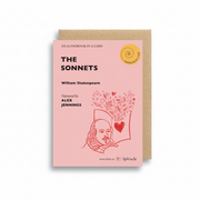 Shakespeare's Sonnets Audiobook in a Card, pink card with a line drawing of Shakespeare holding a heart
