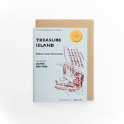 Treasure Island Audiobook in a Card, pale blue card with a line drawing of a sailor and kraft envelope