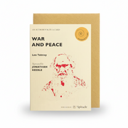War and Peace Audiobook in a Card, cream card with a red portrait of Tolstoy and kraft envelope
