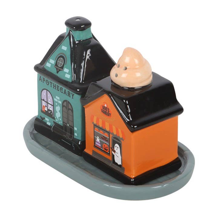Spooky Street salt and pepper shakers, close-up detail