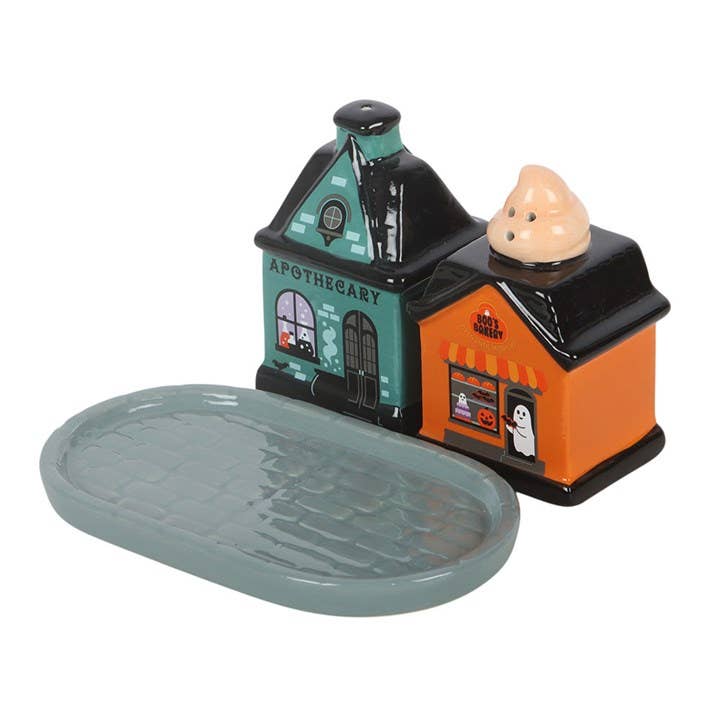 Spooky Street salt and pepper shakers in a styled setting