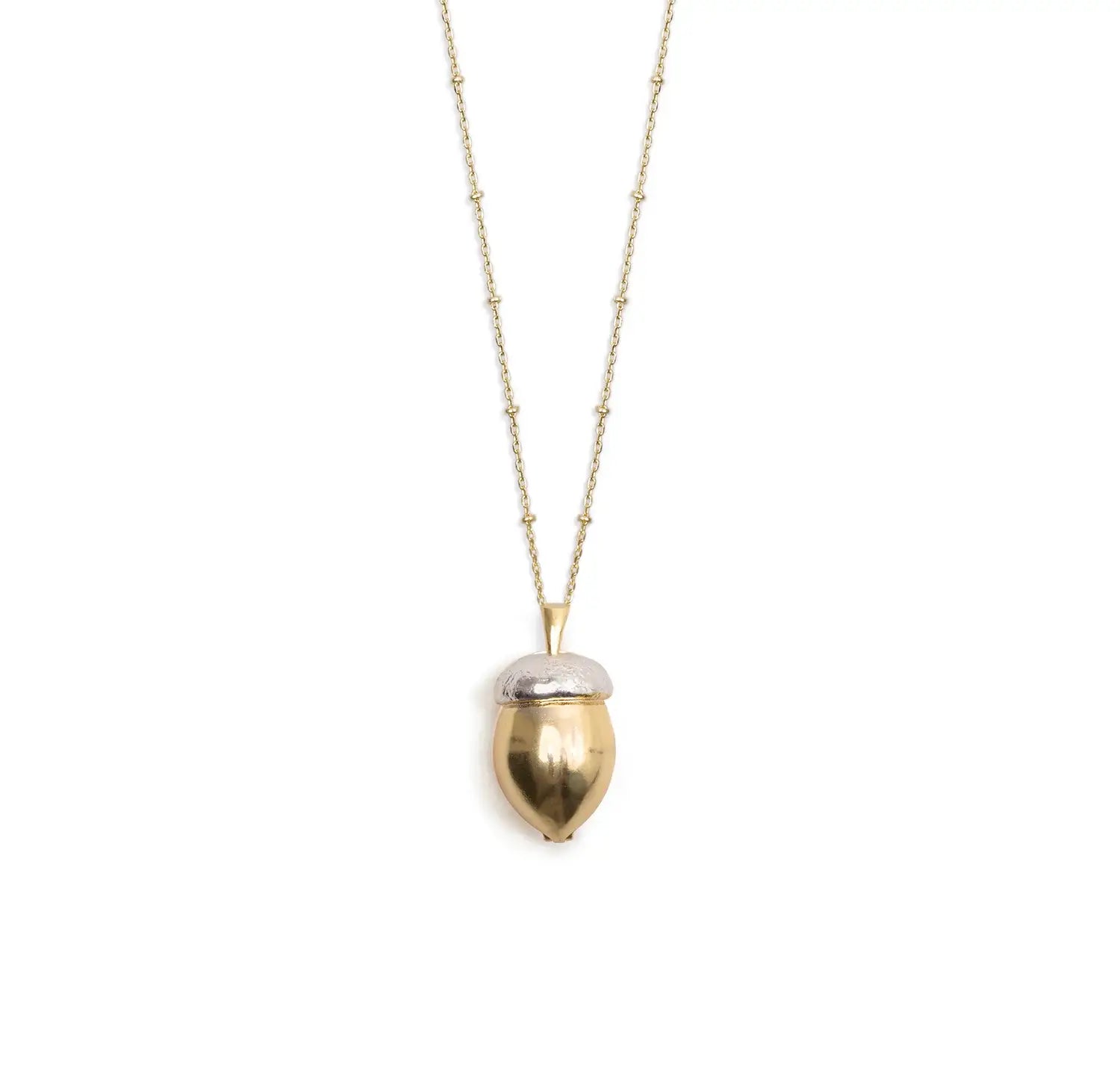Squirrel Acorn Locket pendant closed, displayed on gold chain against white background.