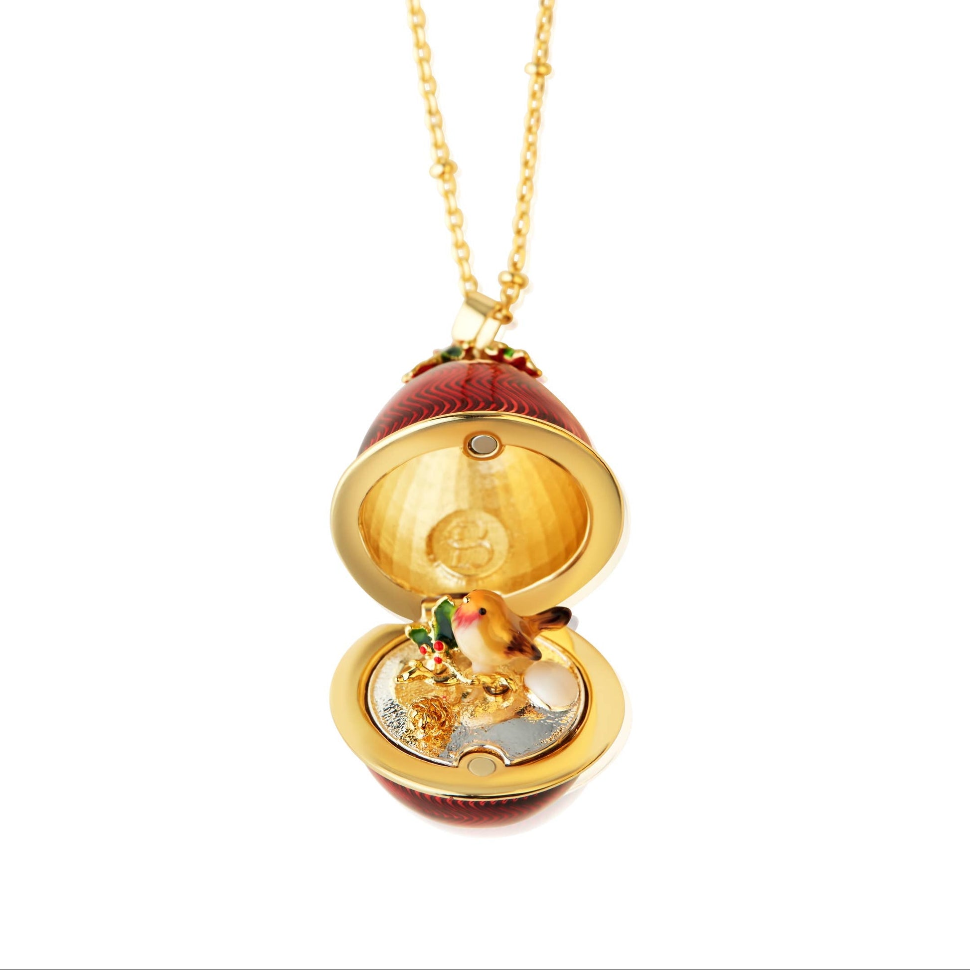 Bill Skinner Squirrel Acorn Locket necklace displayed open, revealing detailed enamel squirrel inside gold-plated acorn pendant.