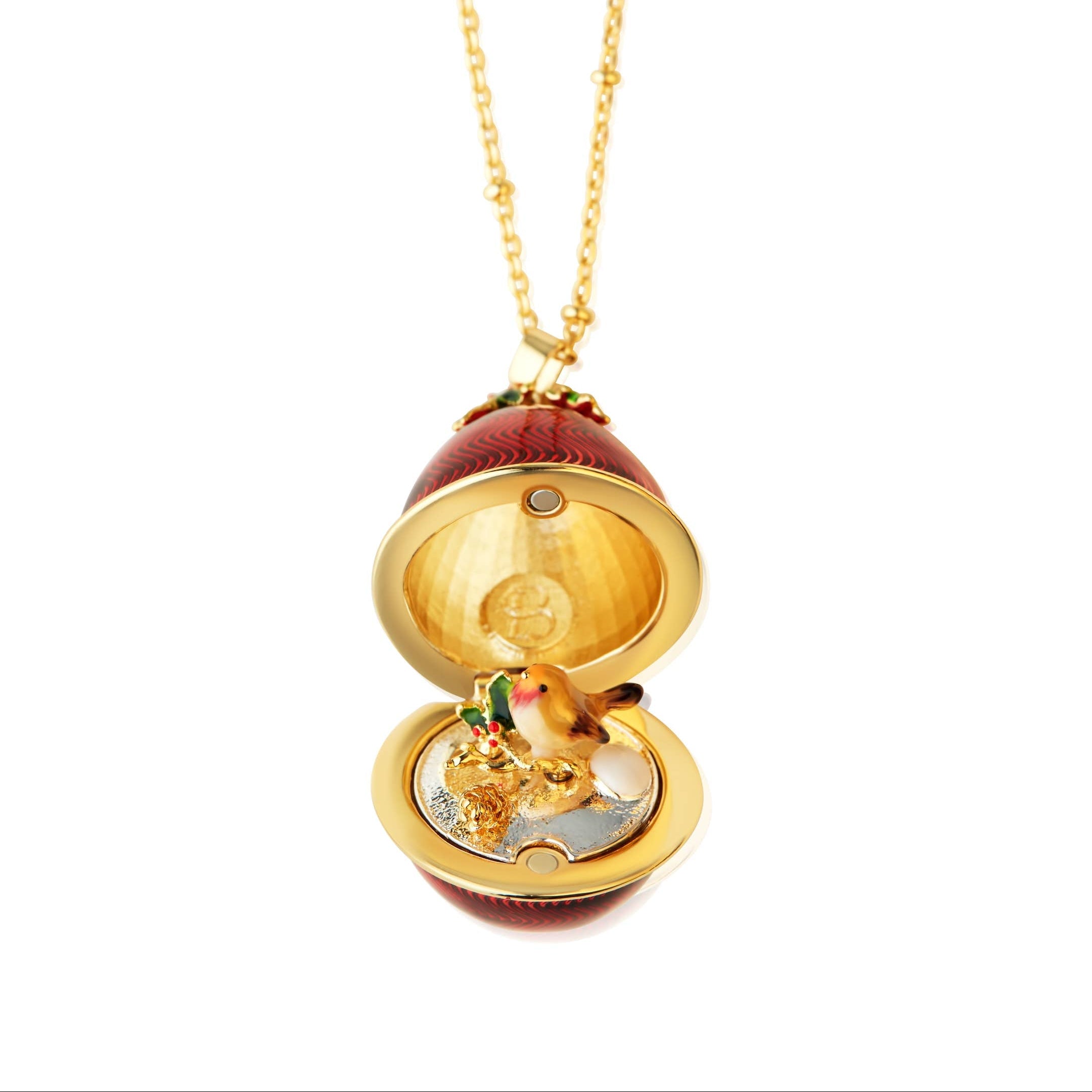 Bill Skinner Squirrel Acorn Locket necklace displayed open, revealing detailed enamel squirrel inside gold-plated acorn pendant.