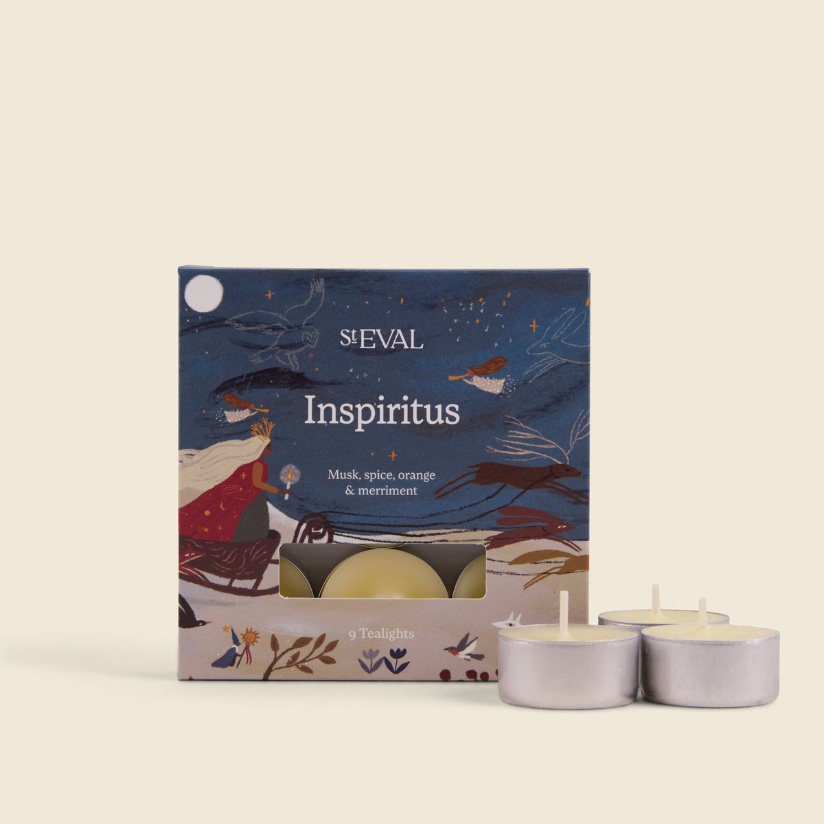 Inspiritus Scented Christmas Tealights, Box of 9 lifestyle base image on a cream background