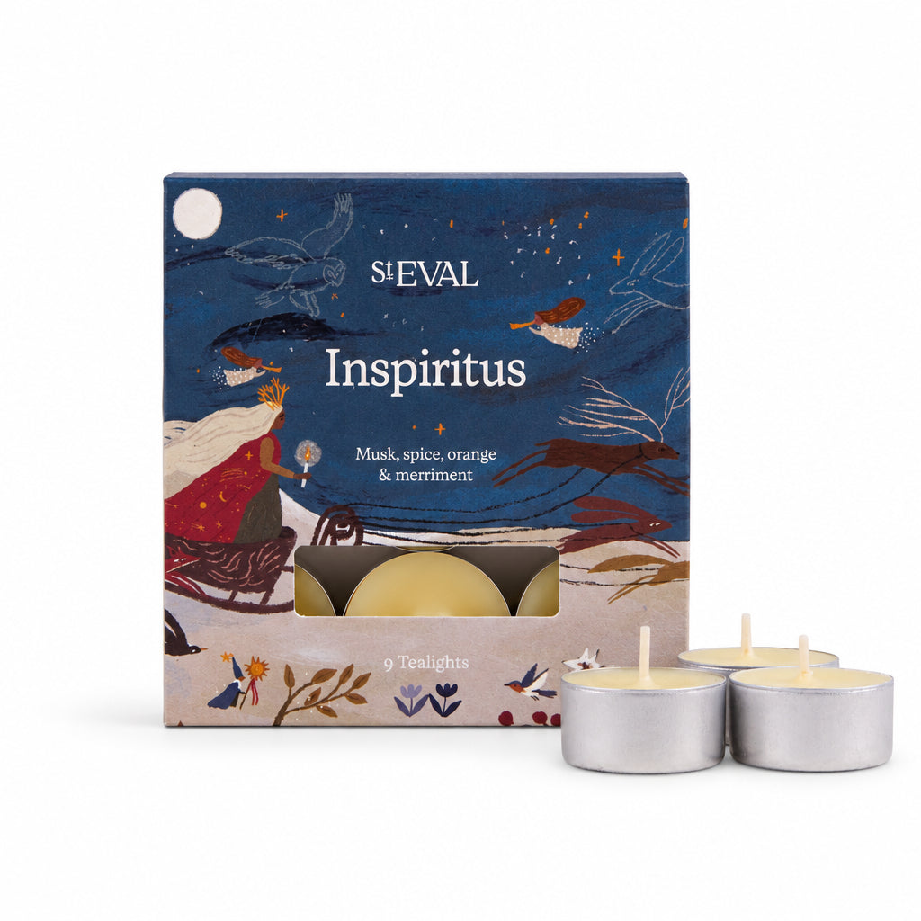 Inspiritus Scented Christmas Tealights, Box of 9 with illustrated box and tealights on a cream background