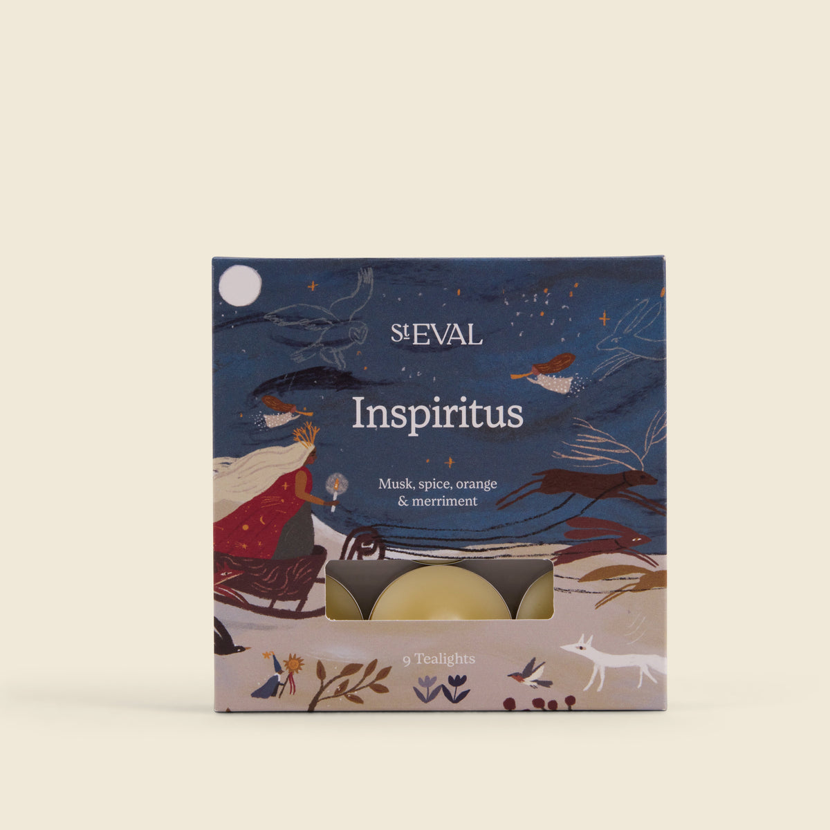 Inspiritus Scented Christmas Tealights, Box of 9 illustrated gift box front on a cream background