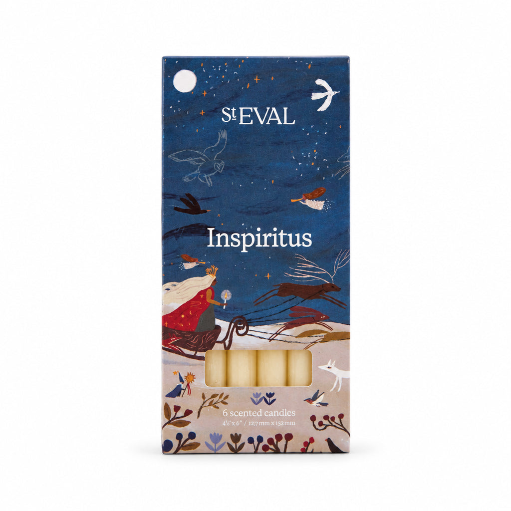 Inspiritus Mini Festive Candles, Pack of 6 in illustrated box on a cream background