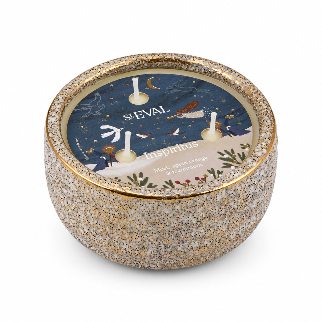 Inspiritus Small Alchemy Pot Candle with illustrated lid label on a cream background