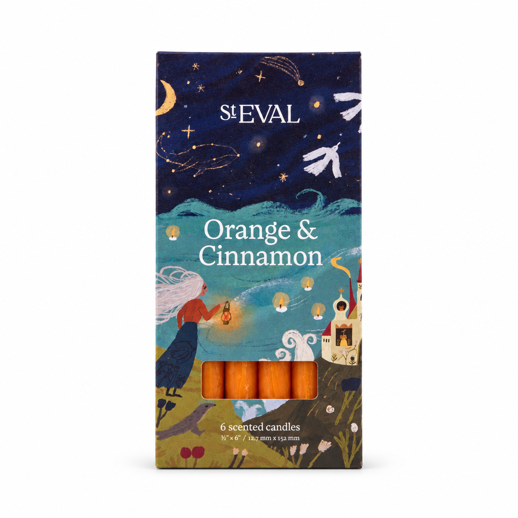 Orange & Cinnamon Mini Festive Candles, Pack of 6 in illustrated box on a cream background