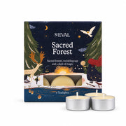 Sacred Forest Scented Christmas Tealights, Box of 9 with illustrated box and tealights on a cream background