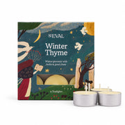 Winter Thyme Scented Christmas Tealights, Box of 9 with illustrated box and tealights on a cream background