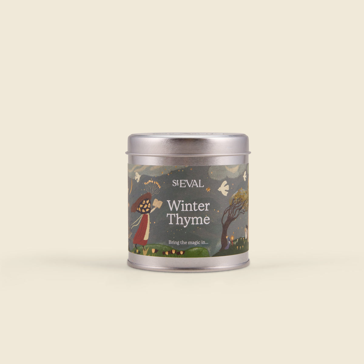 Winter Thyme Christmas Tin Candle lifestyle base image on a cream background