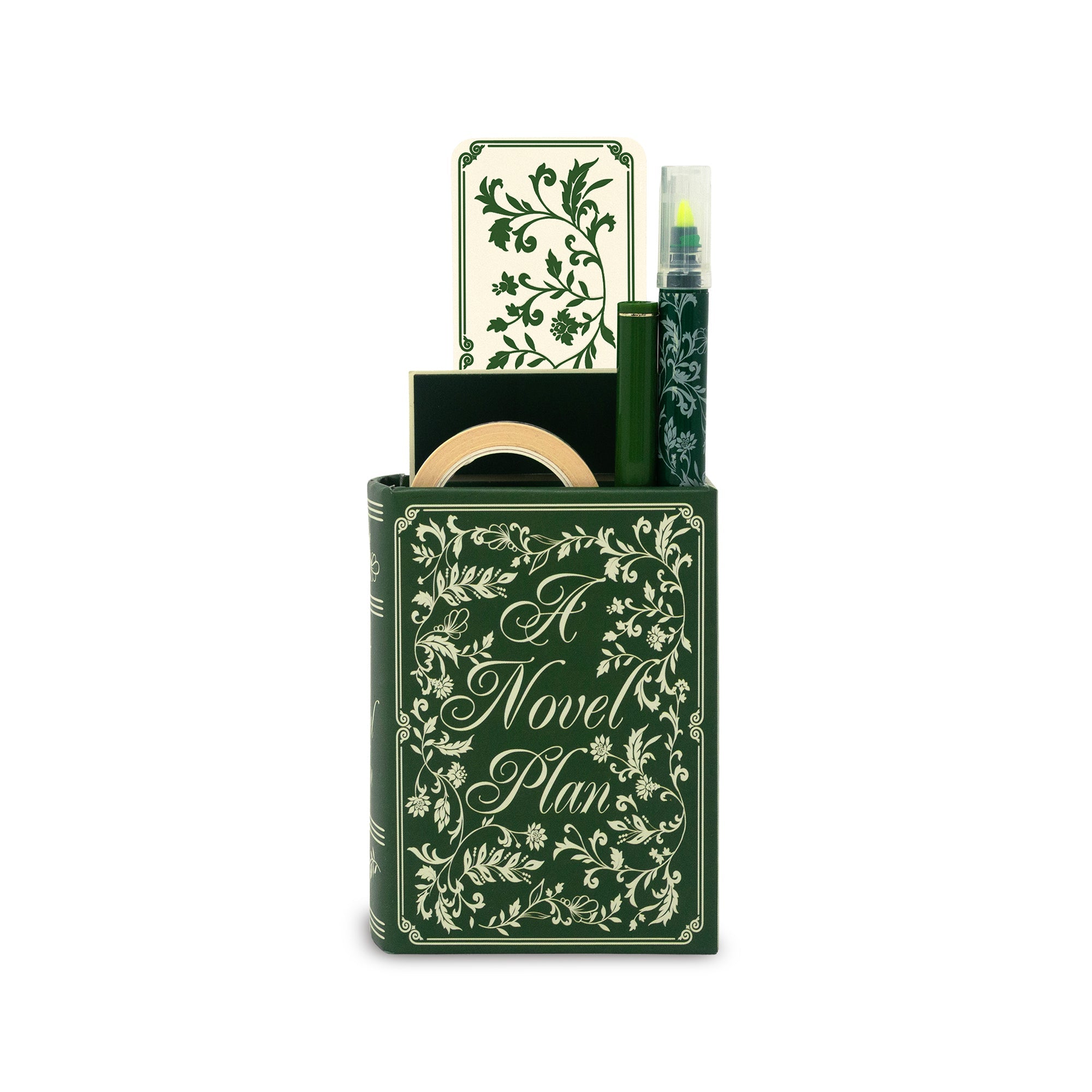 Green book-shaped storage cup with damask cover design, white background