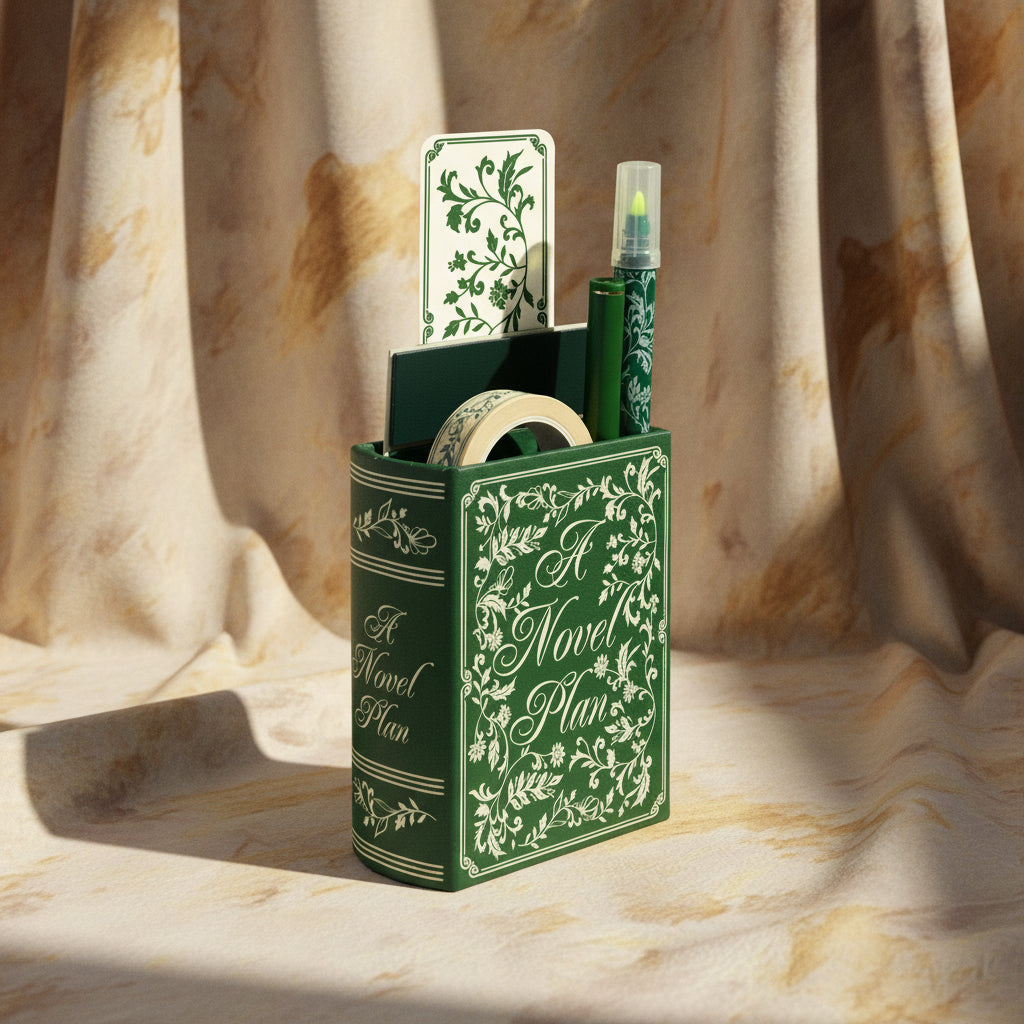 Book lover's annotation kit with green book-shaped cup and stationery, white background