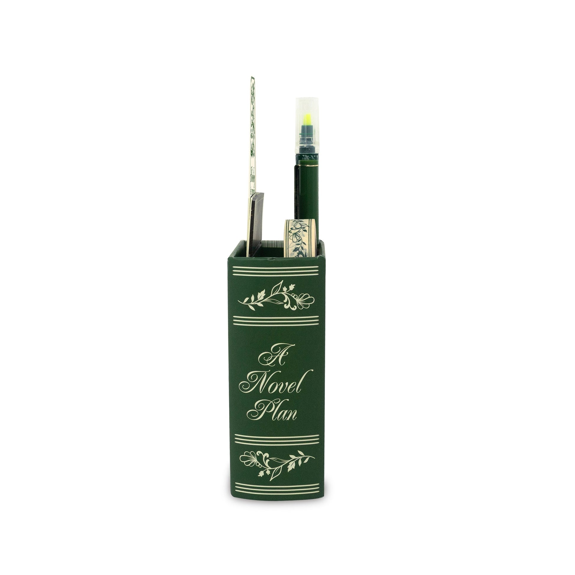 Book-shaped pen holder from the annotation kit with felt tip pen, white background