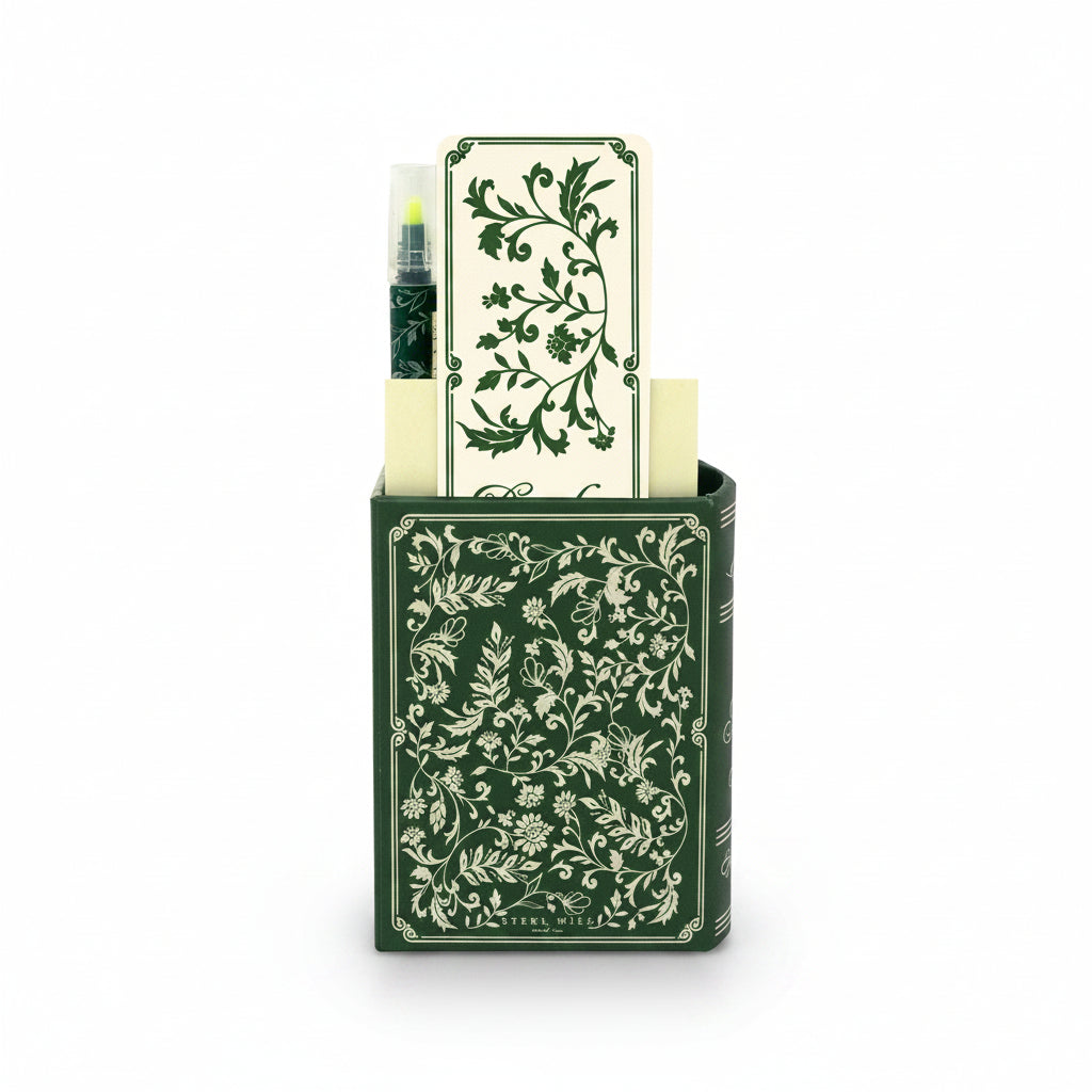 Annotation kit stationery set with green floral design, white background