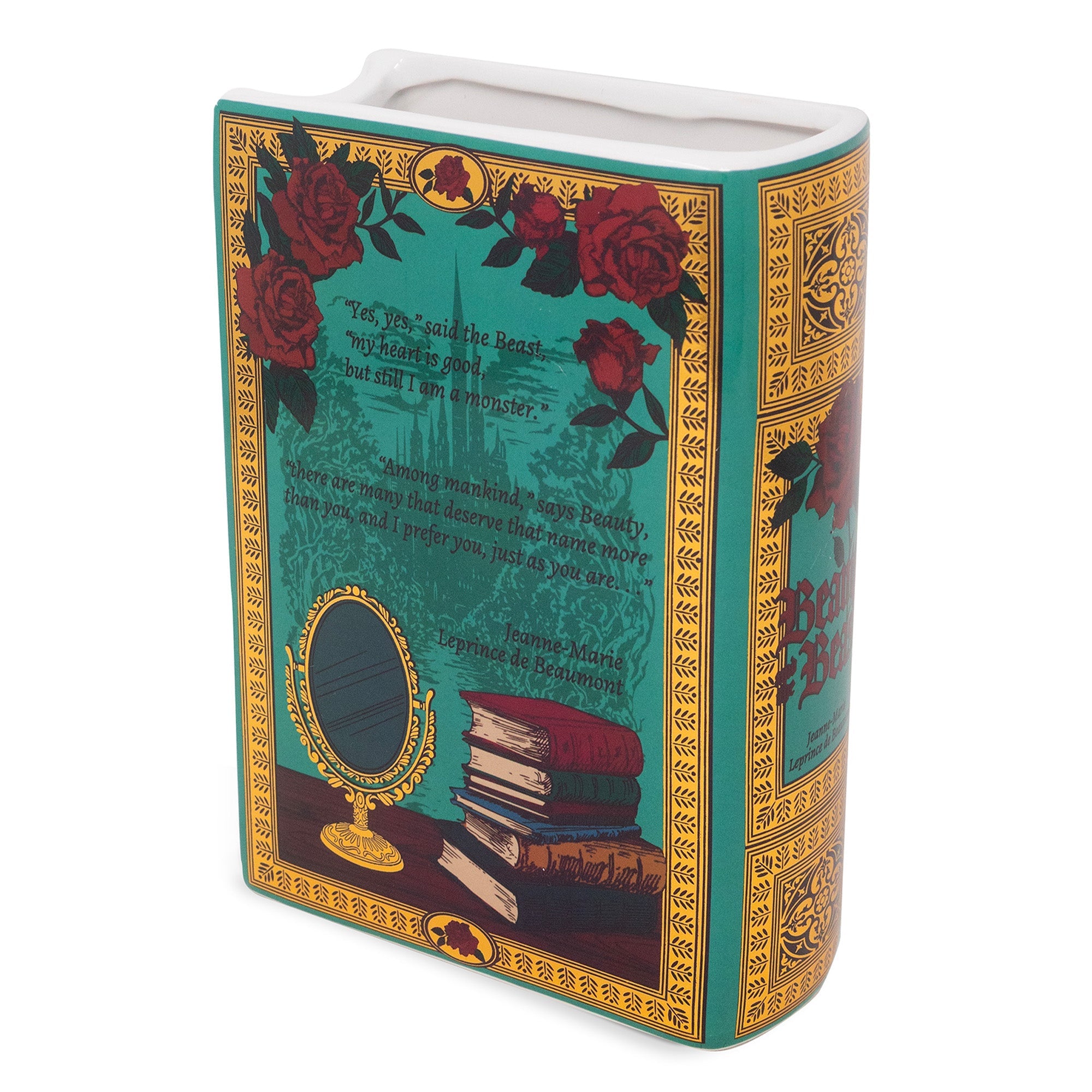 Back view of the teal Beauty and the Beast book vase