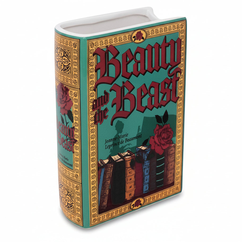 Book-shaped container with 'Beauty and the Beast' design on a white background