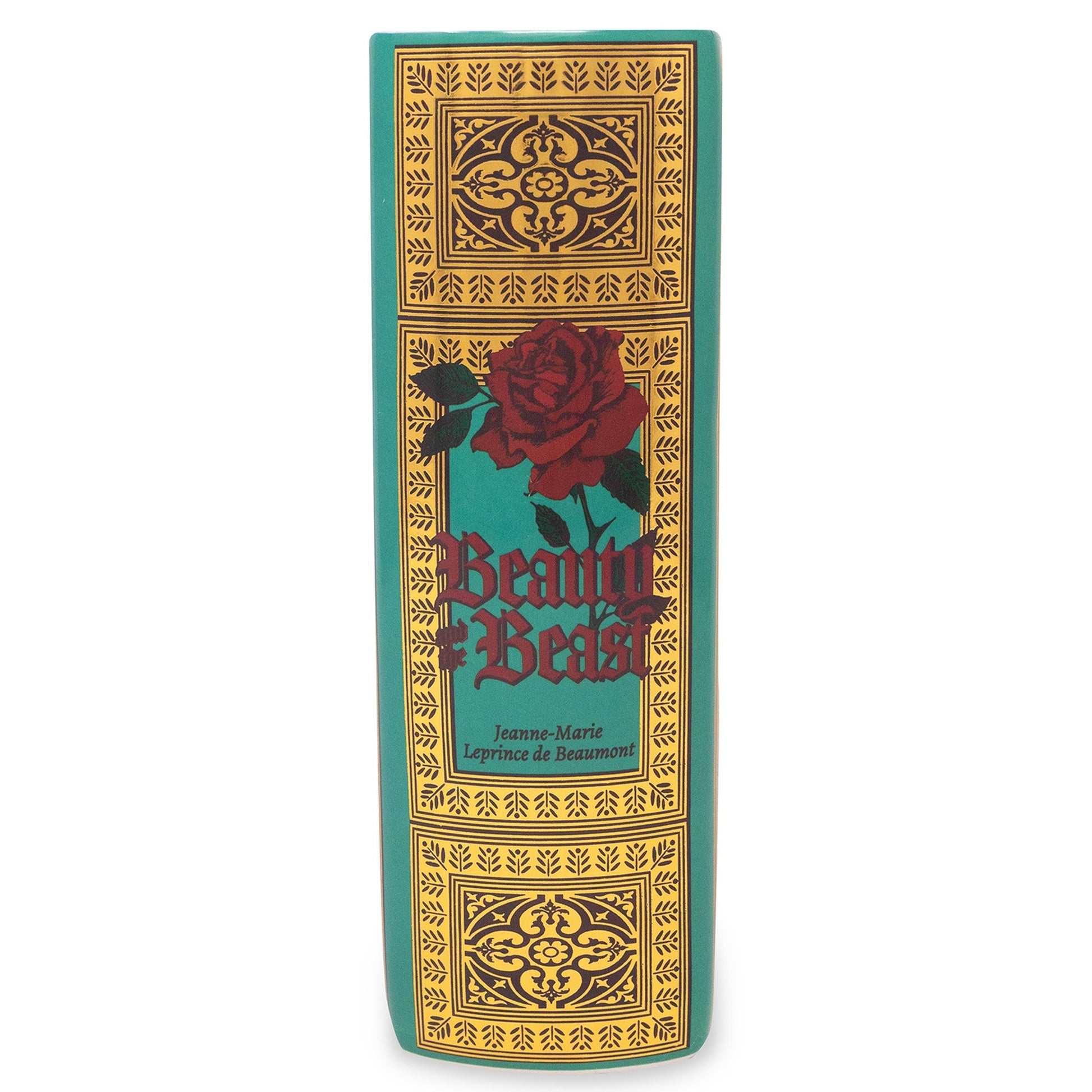 Spine of the teal Beauty and the Beast book vase, white background